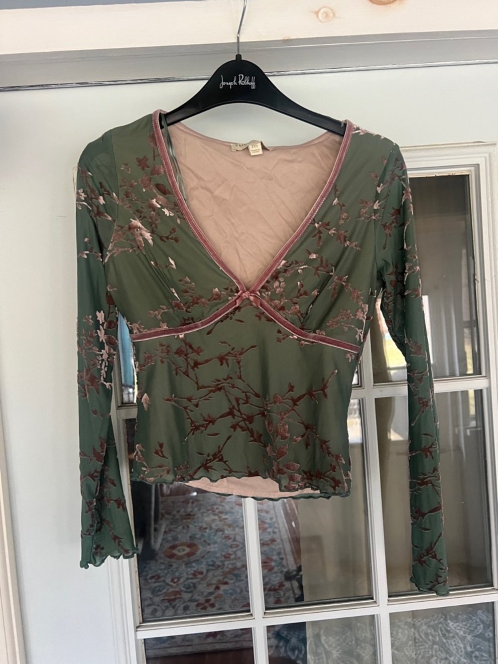 Olive Green Floral Long-Sleeve V-Neck Top with Pink Trim